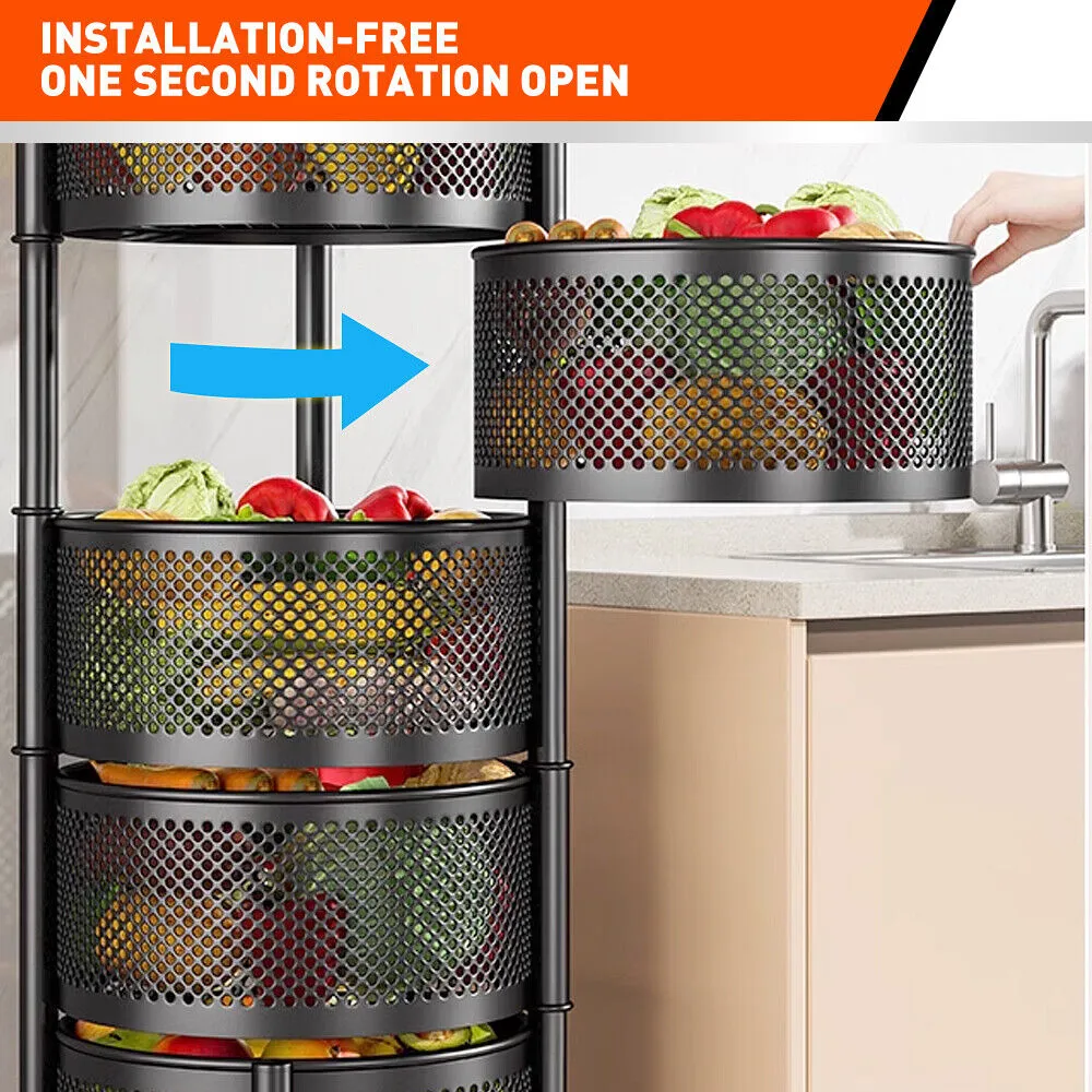 5 Tiers Kitchen Trolley Cart | Wheels | Round Vegetable Storage Holder | Fruit Holder