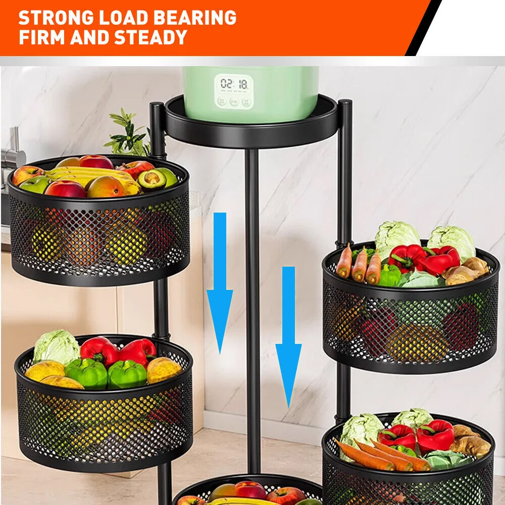 5 Tiers Kitchen Trolley Cart | Wheels | Round Vegetable Storage Holder | Fruit Holder