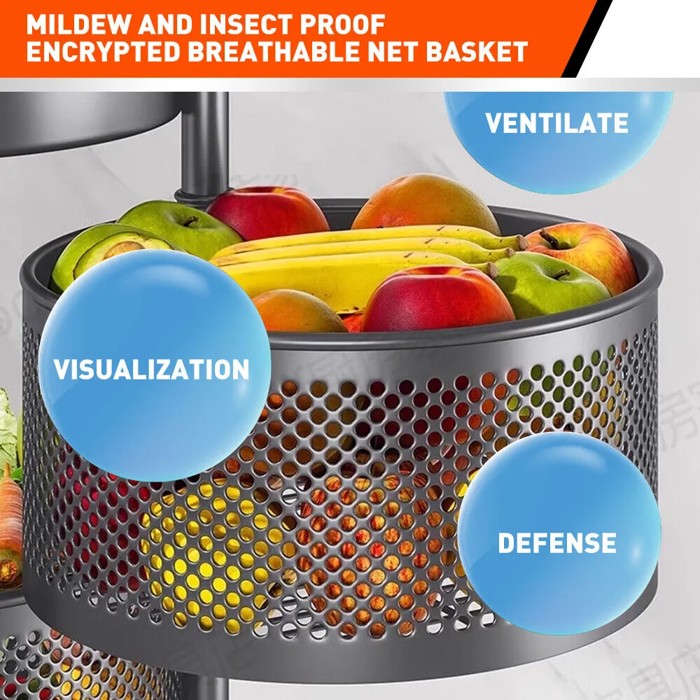 5 Tiers Kitchen Trolley Cart | Wheels | Round Vegetable Storage Holder | Fruit Holder