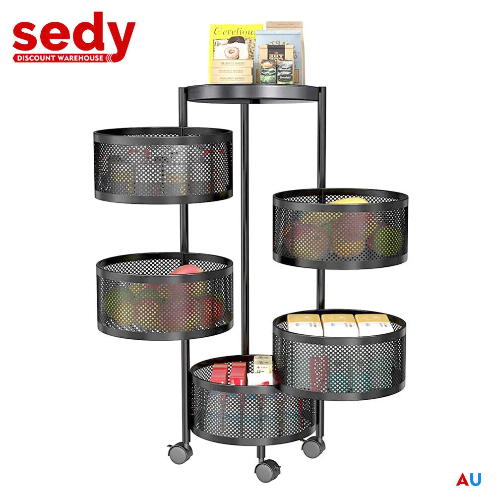 5 Tiers Kitchen Trolley Cart | Wheels | Round Vegetable Storage Holder | Fruit Holder