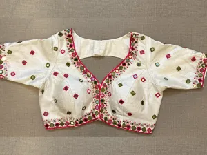 50W499-RO - White Mirror Work Embroidered Blouse
