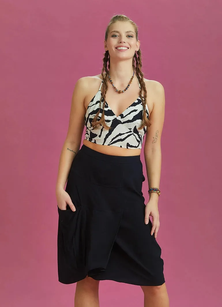 Black Pocket Midi Skirt with Feathered Front Layer Detail