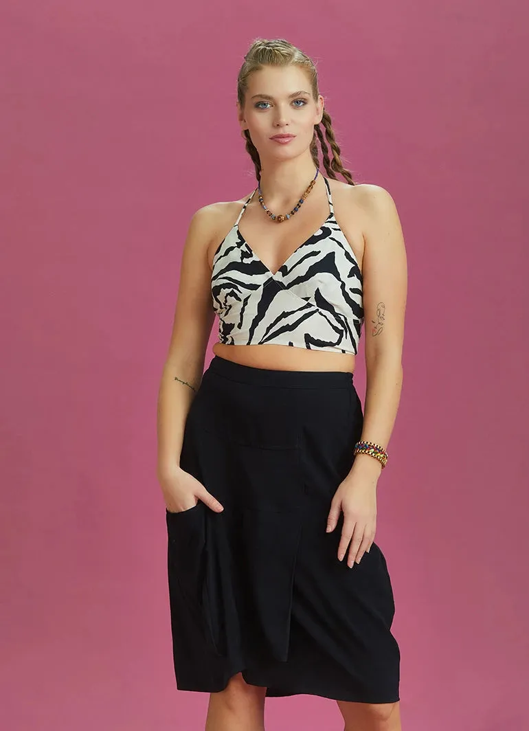Black Pocket Midi Skirt with Feathered Front Layer Detail