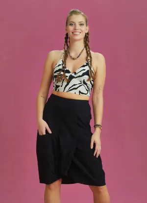 Black Pocket Midi Skirt with Feathered Front Layer Detail