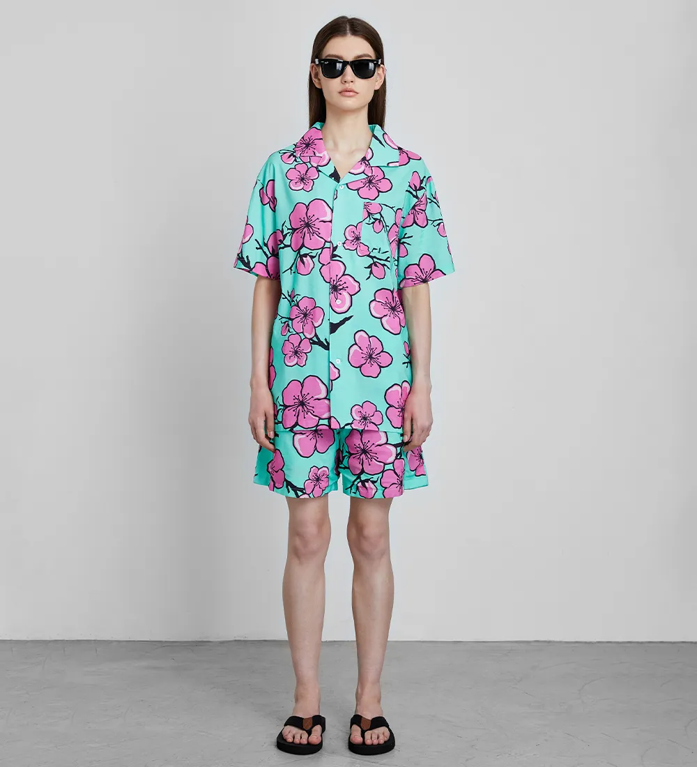 Cartoon Cherry Blossom Camp Shirt