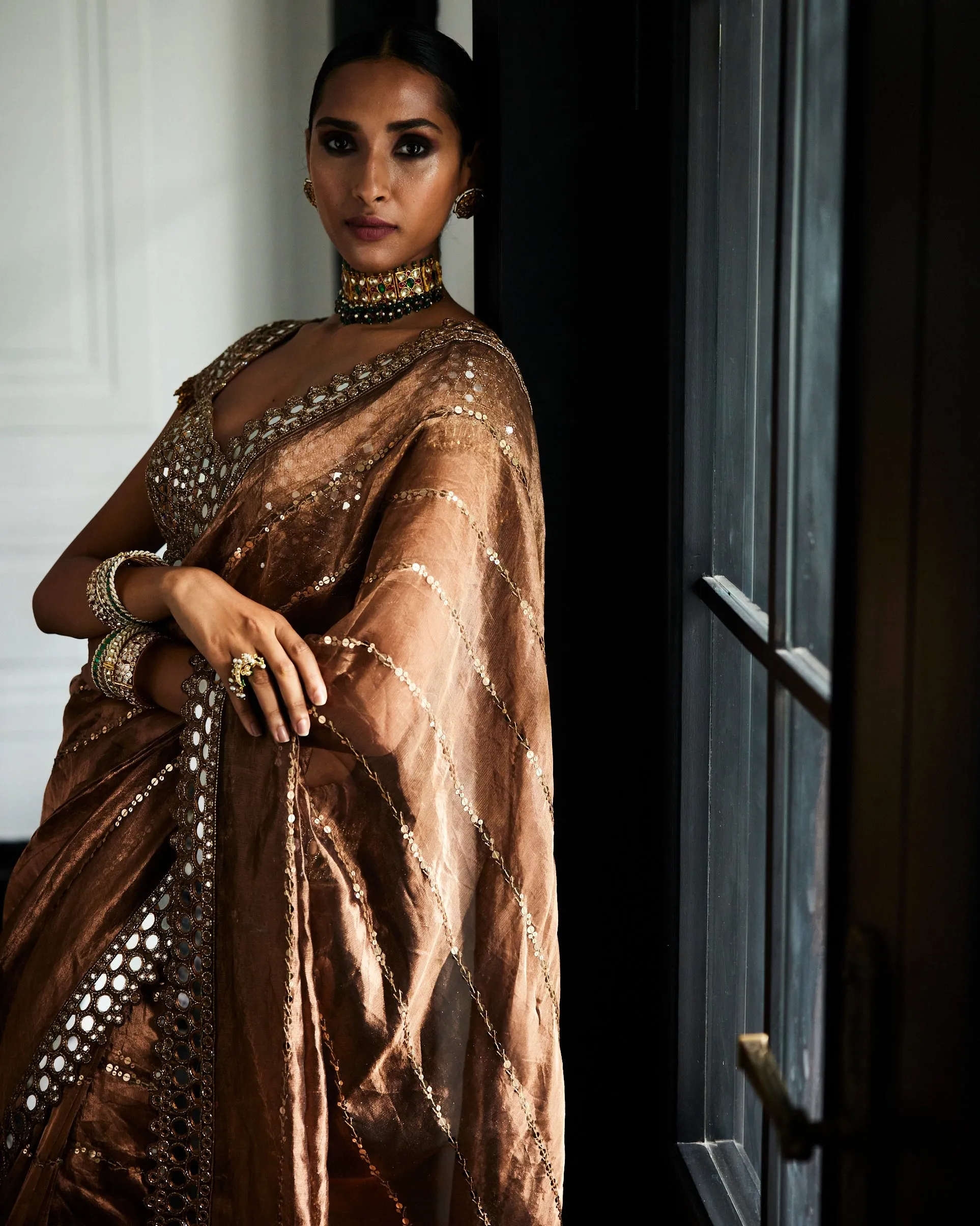 Copper Shimmer Organza Sari Set