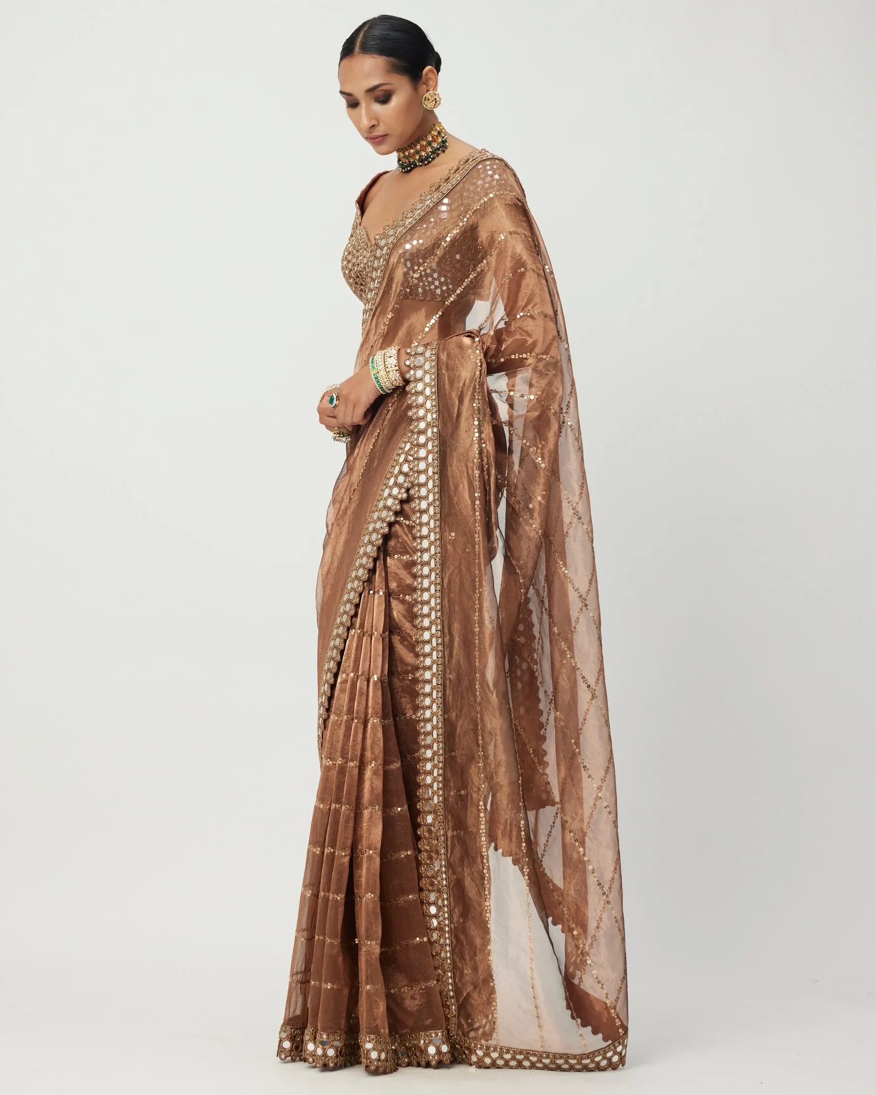 Copper Shimmer Organza Sari Set