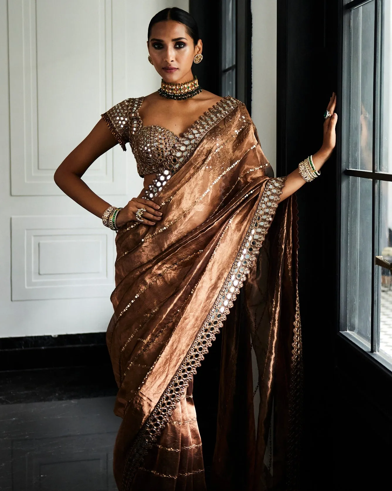 Copper Shimmer Organza Sari Set