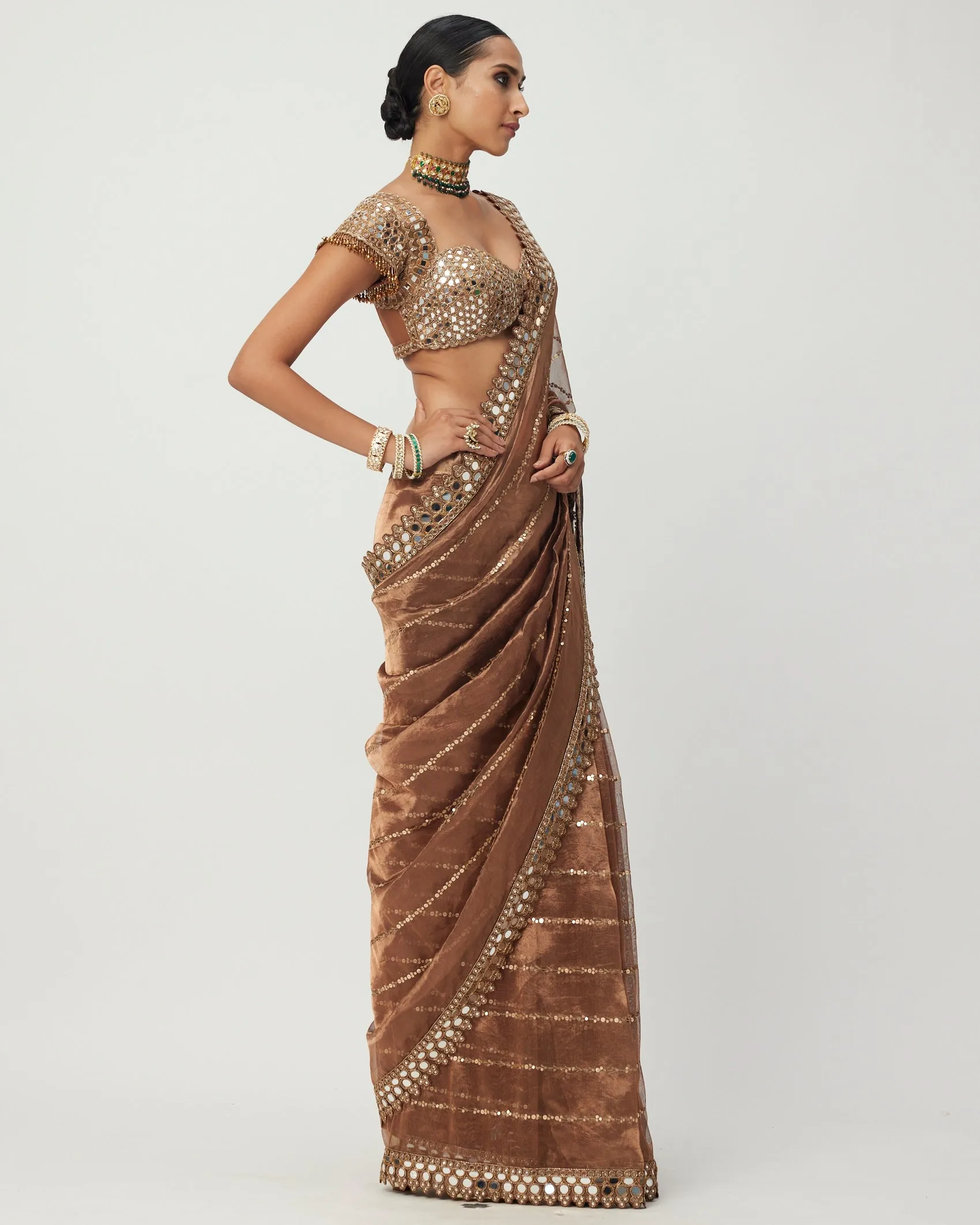 Copper Shimmer Organza Sari Set