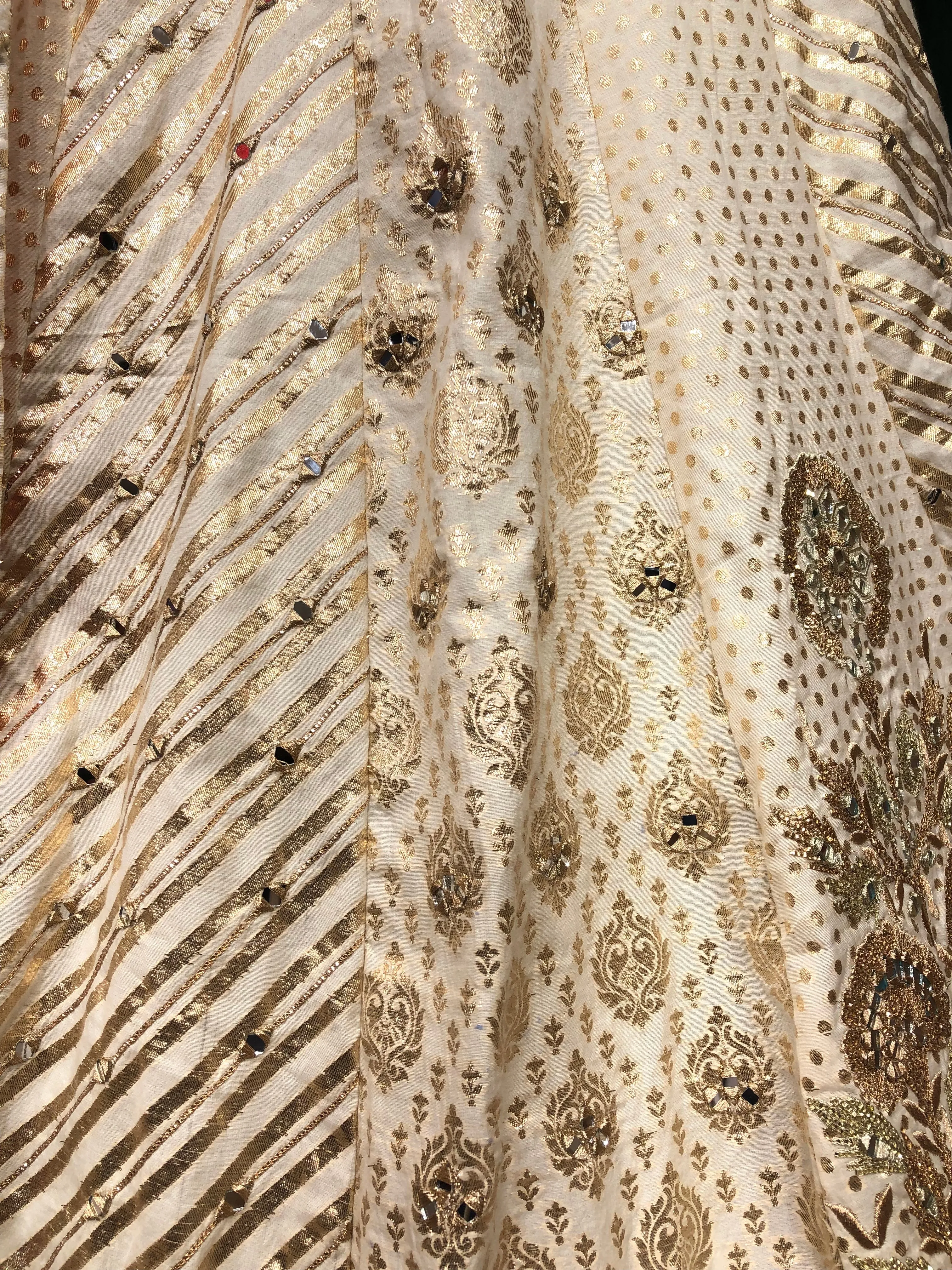 Cream Banarsi Silk Lehenga With Zari, Mirror And Multi Colour Border