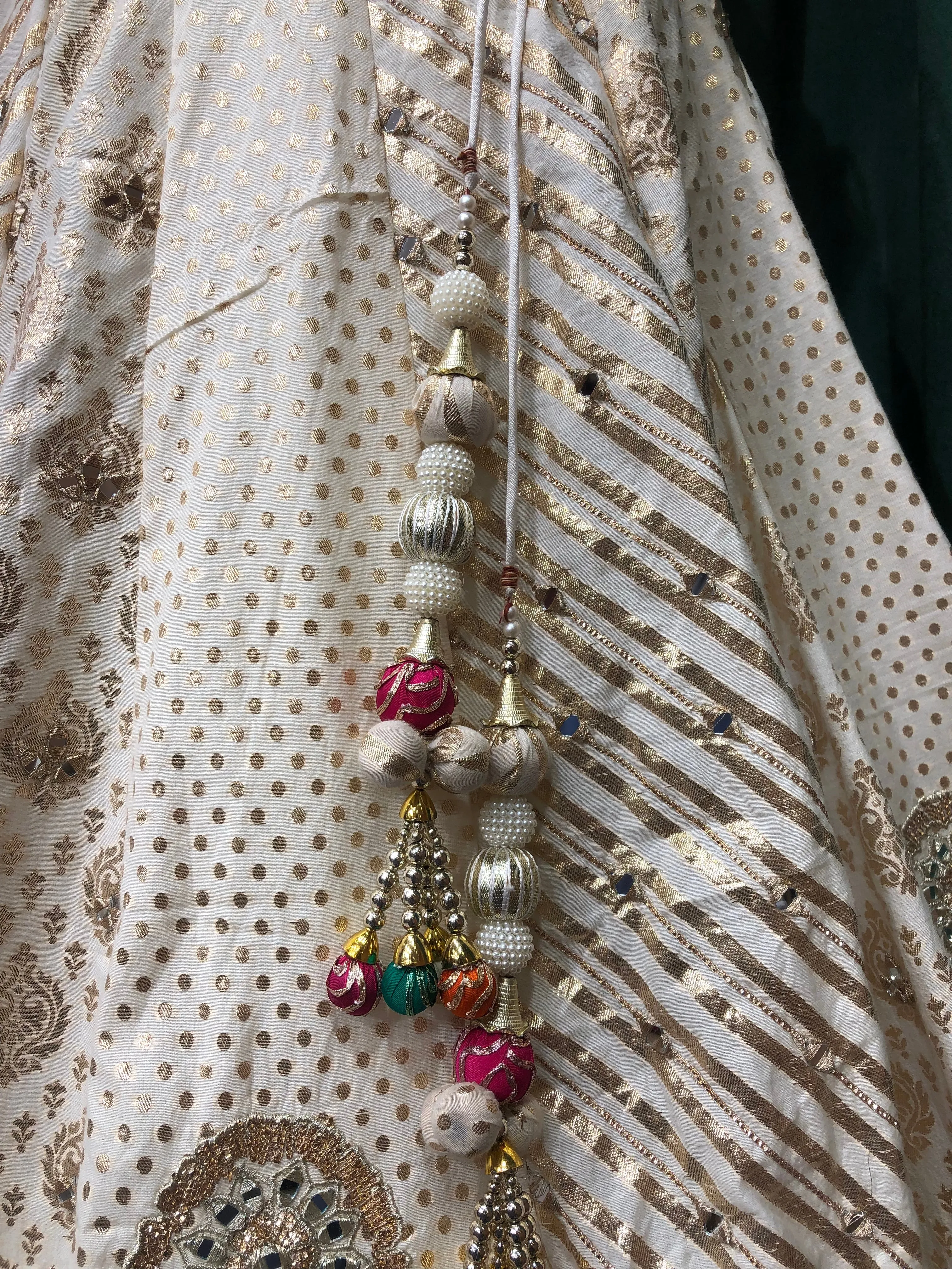 Cream Banarsi Silk Lehenga With Zari, Mirror And Multi Colour Border