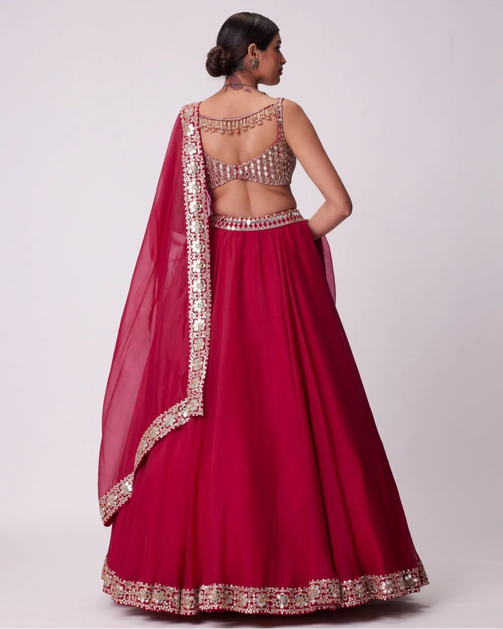 Crimson Red Organza Hand Embroidered Lehenga Set