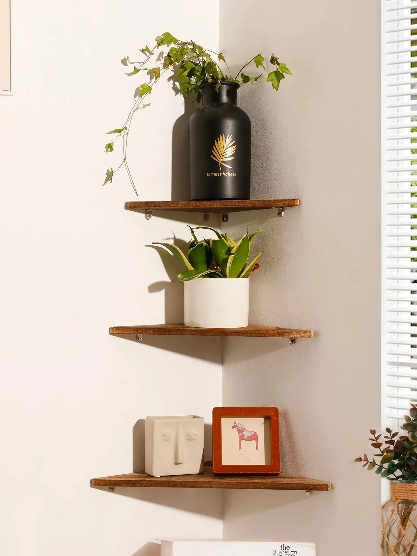 Dark Wood Corner Shelf for Home Display and Storage