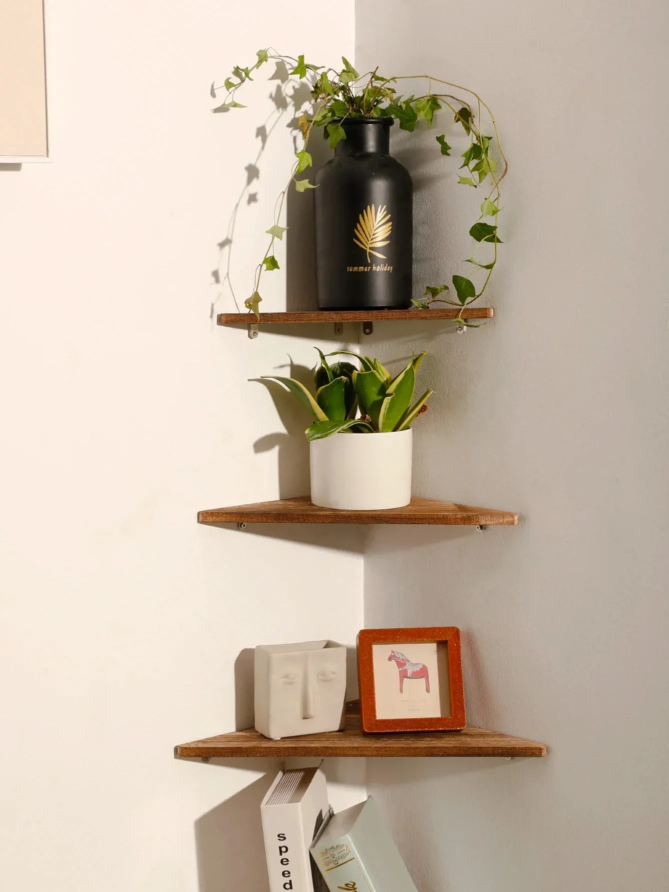 Dark Wood Corner Shelf for Home Display and Storage