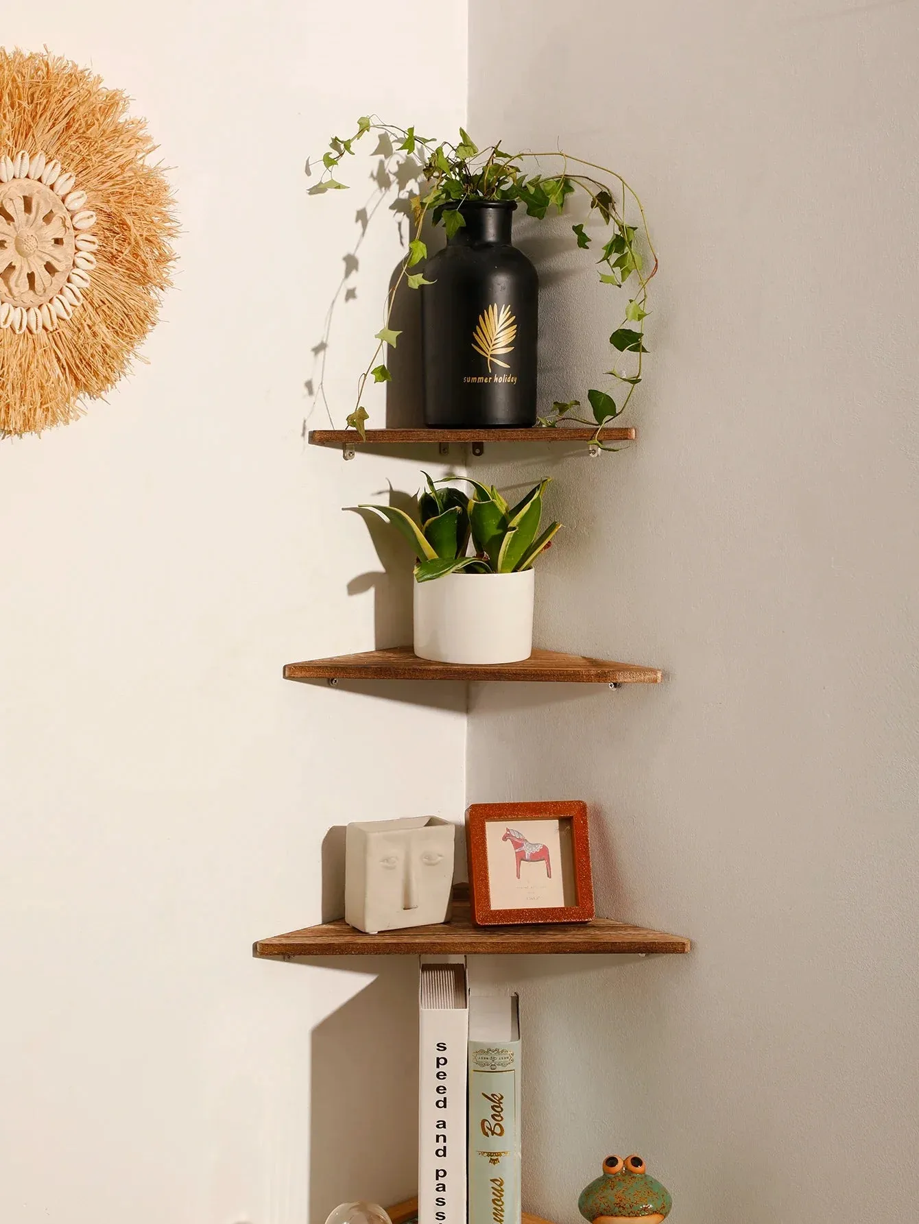 Dark Wood Corner Shelf for Home Display and Storage