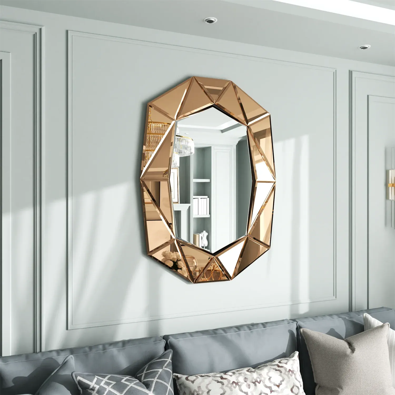 Decorative Asymmetrical Wall Mirror For Living Room Bedroom Glass Inlayed Accent 100Cm