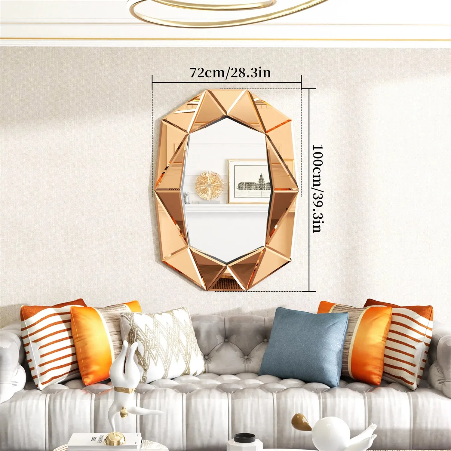 Decorative Asymmetrical Wall Mirror For Living Room Bedroom Glass Inlayed Accent 100Cm
