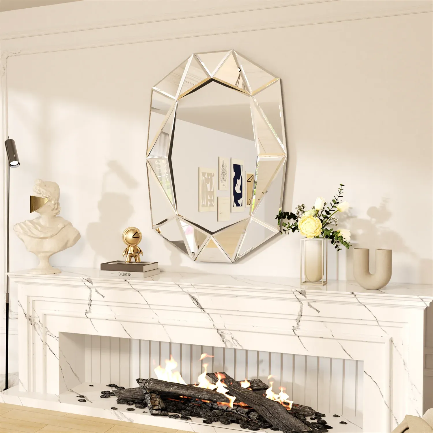 Decorative Asymmetrical Wall Mirror For Living Room Bedroom Glass Inlayed Accent 100Cm
