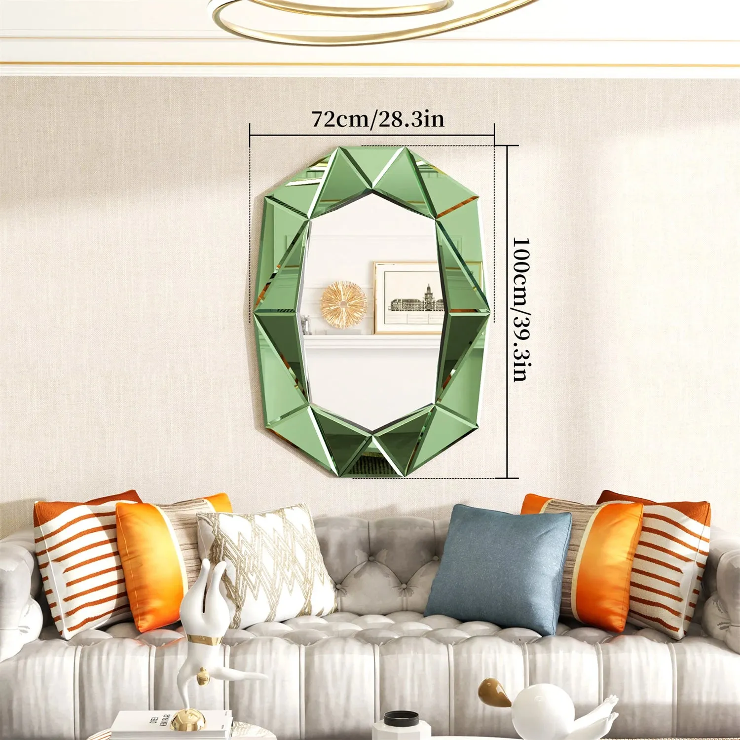 Decorative Asymmetrical Wall Mirror For Living Room Bedroom Glass Inlayed Accent 100Cm