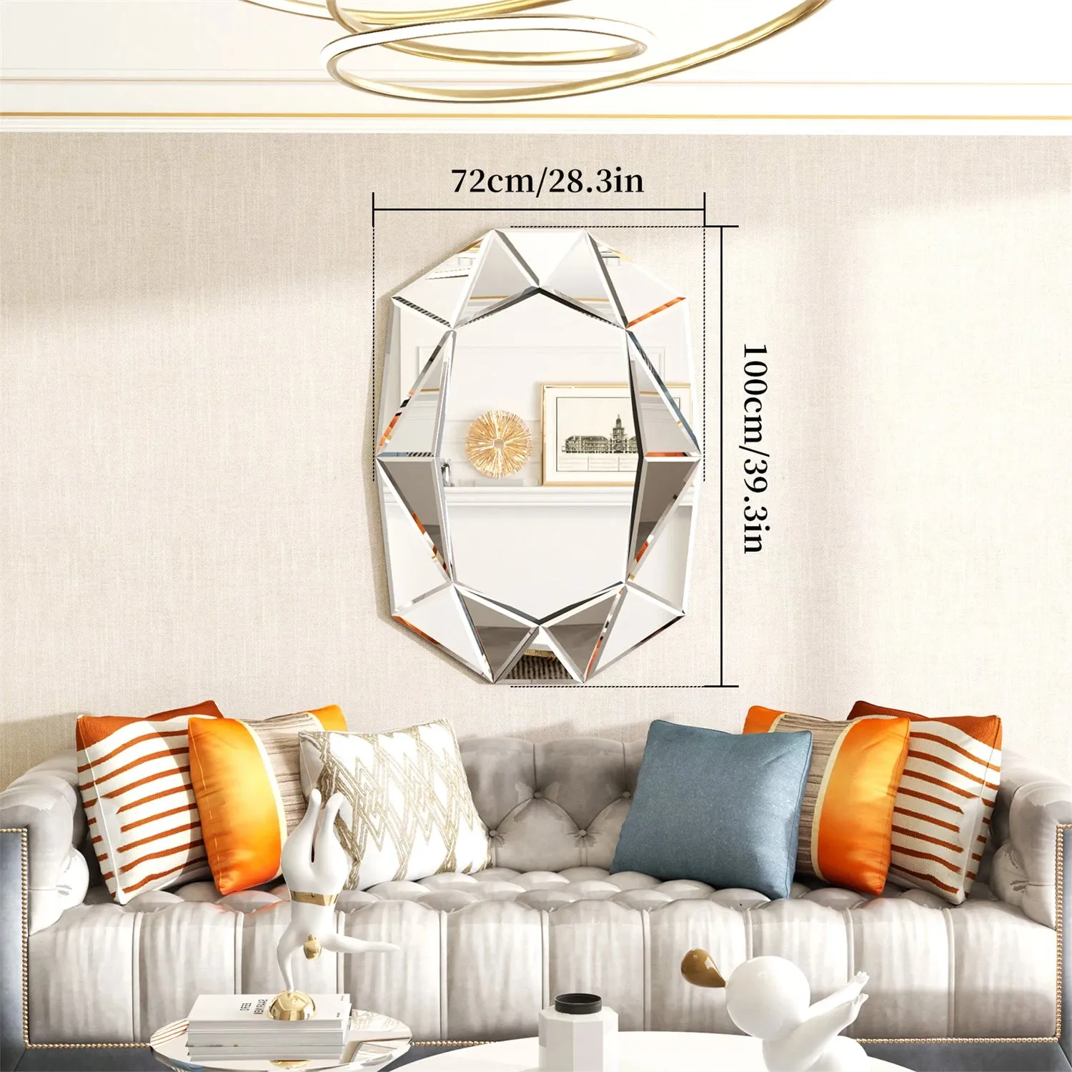 Decorative Asymmetrical Wall Mirror For Living Room Bedroom Glass Inlayed Accent 100Cm