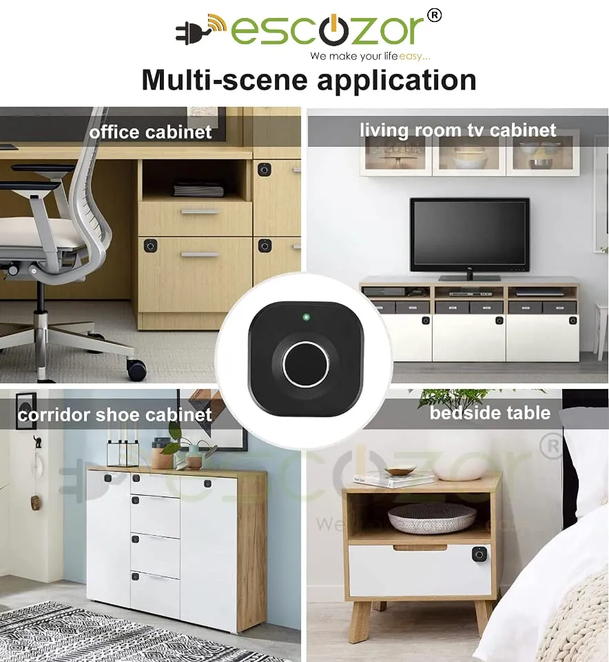 Escozor Fingerprint Drawer Lock, Smart Biometric Cabinet Lock, Safety Electric Fingerprint Lock, Drawer Wardrobe Lock, Furniture Privacy Lock (With Each Lock Having Different E-Key), Black