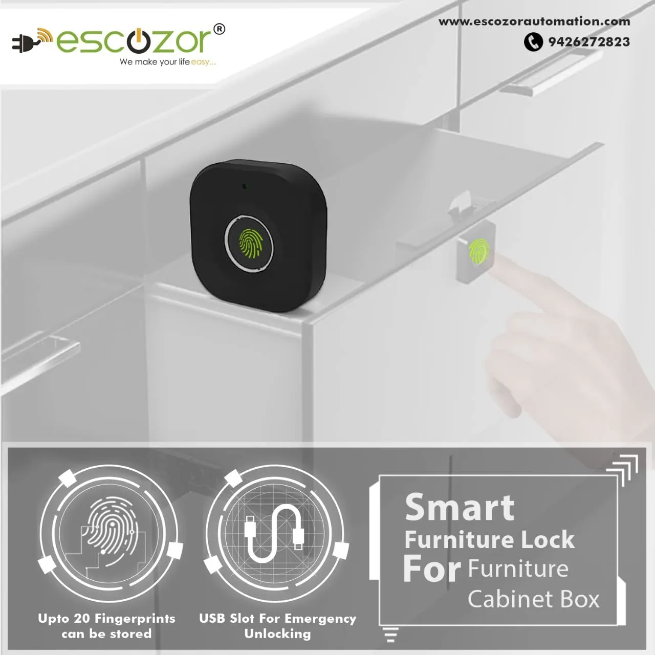Escozor Fingerprint Drawer Lock, Smart Biometric Cabinet Lock, Safety Electric Fingerprint Lock, Drawer Wardrobe Lock, Furniture Privacy Lock (With Each Lock Having Different E-Key), Black