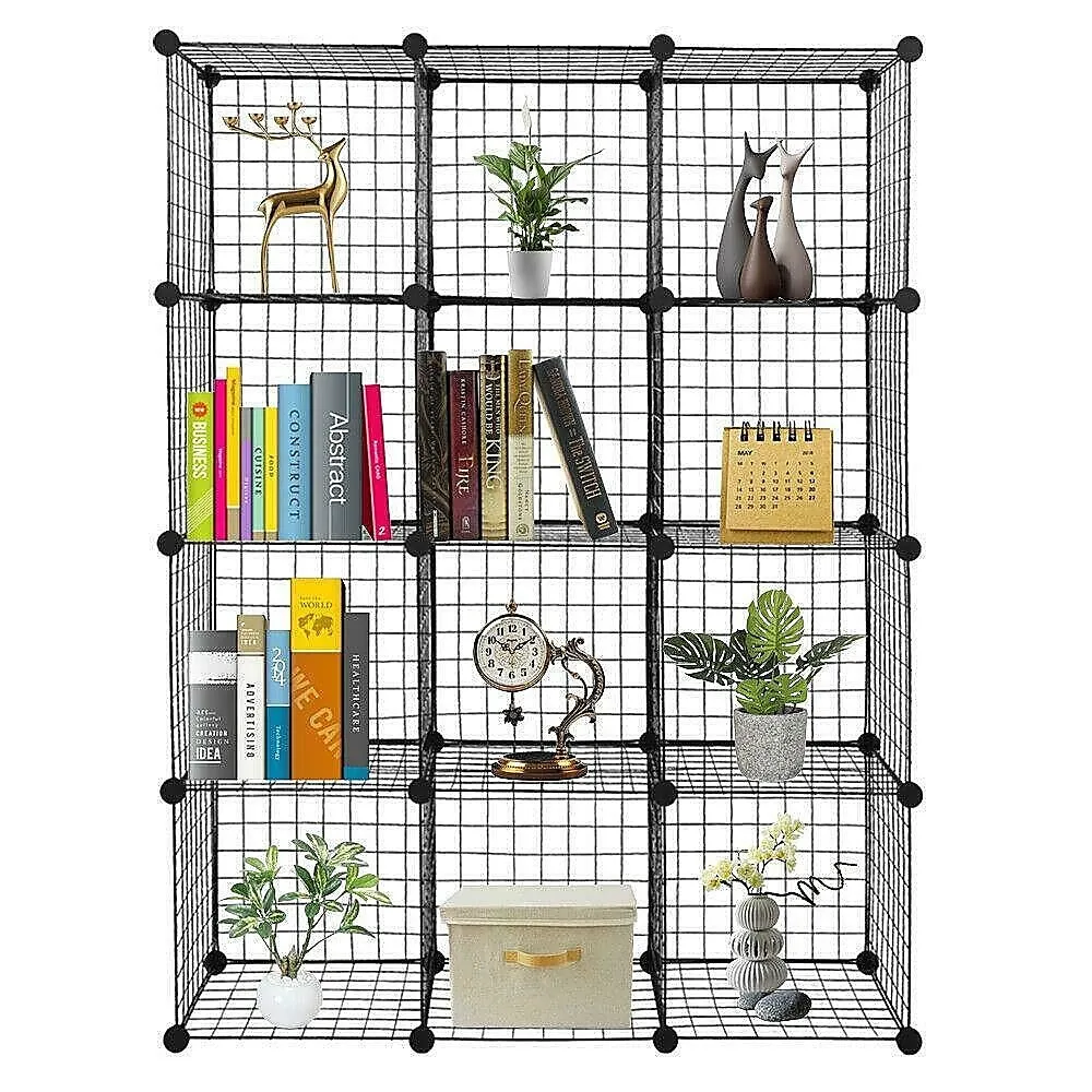 Flexible Black 12 Cube Wire Grid Storage Organizer Bookcase