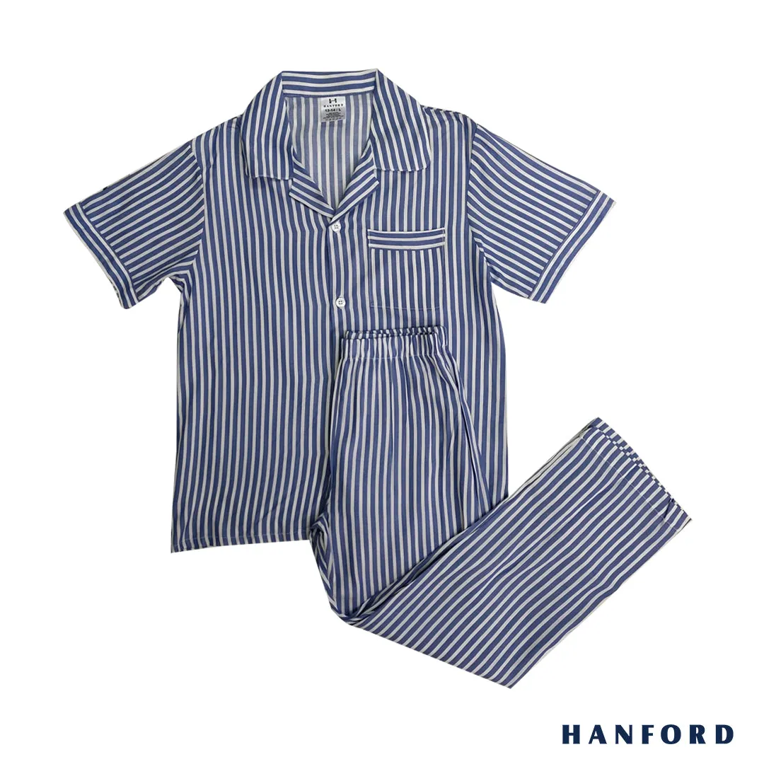 Hanford Kids/Teens 100% Premium Cotton Sleepwear Pajama - Woven Stripe/BlueWhite (1set)
