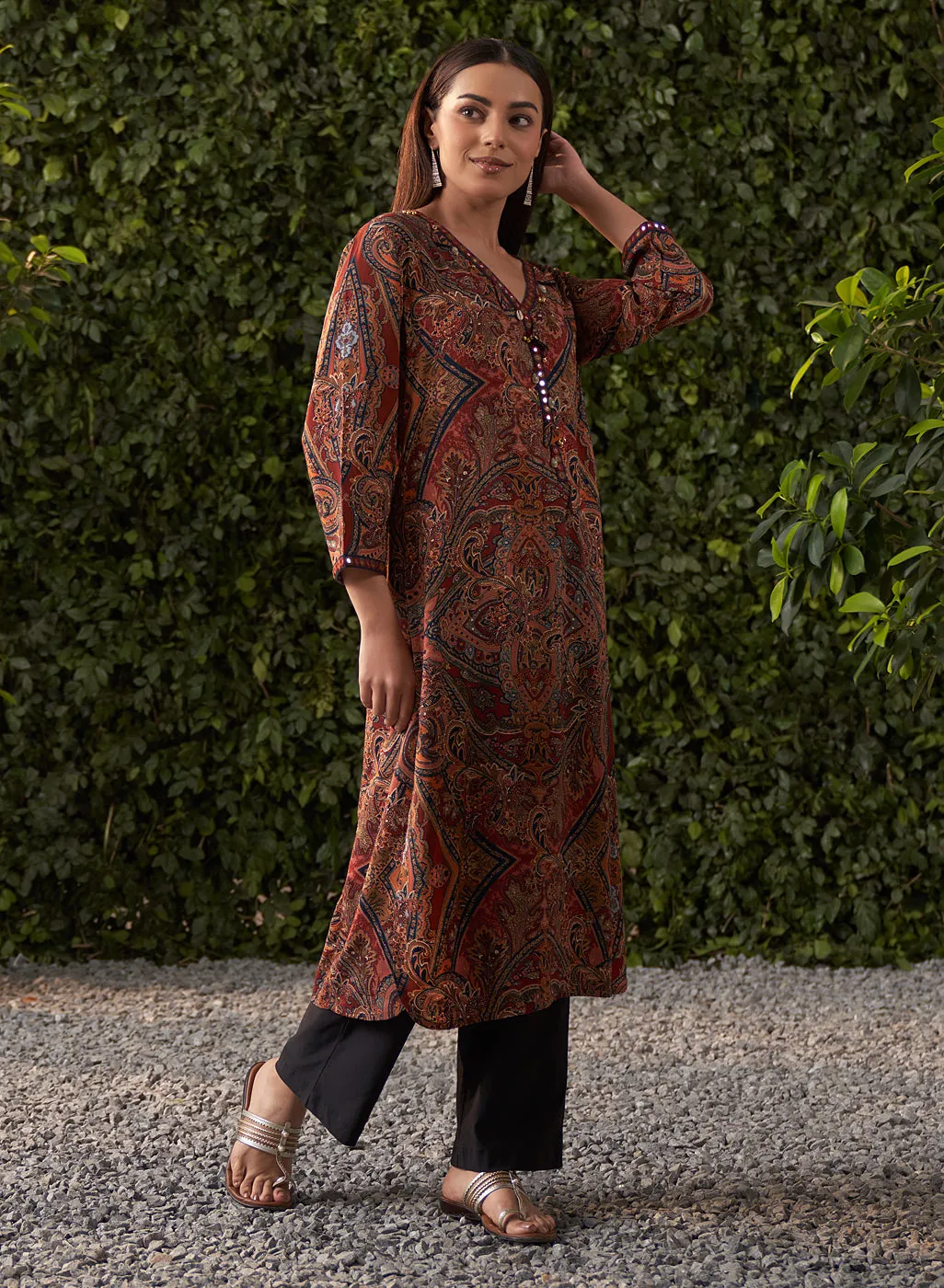 Kimaya Maroon Printed Rayon Kurta for Women