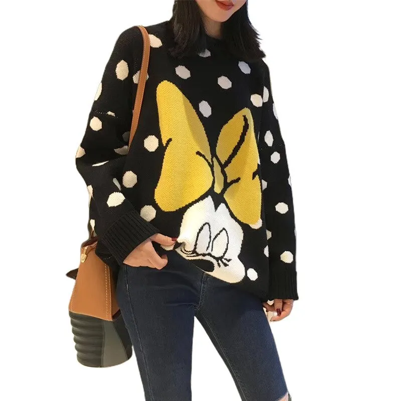 Knitted Cartoon Mouse Image Polka Dot Loose Fit  Sweater