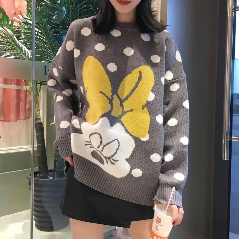 Knitted Cartoon Mouse Image Polka Dot Loose Fit  Sweater