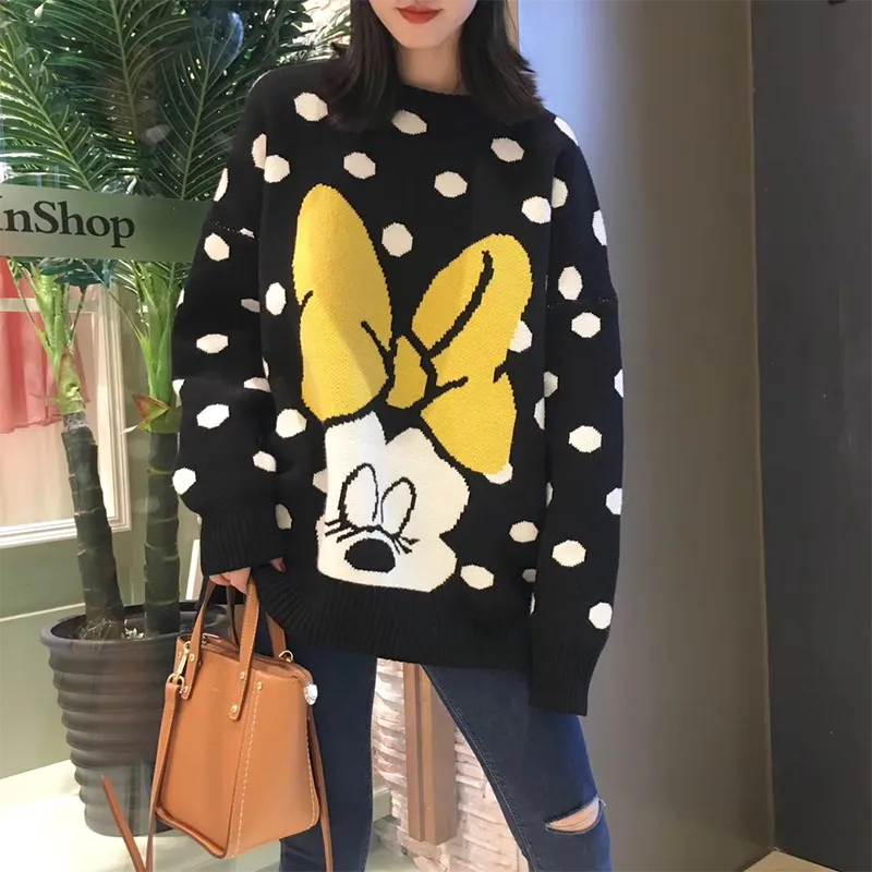 Knitted Cartoon Mouse Image Polka Dot Loose Fit  Sweater