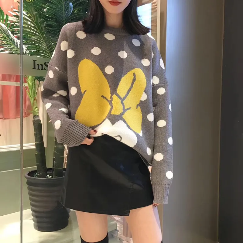 Knitted Cartoon Mouse Image Polka Dot Loose Fit  Sweater