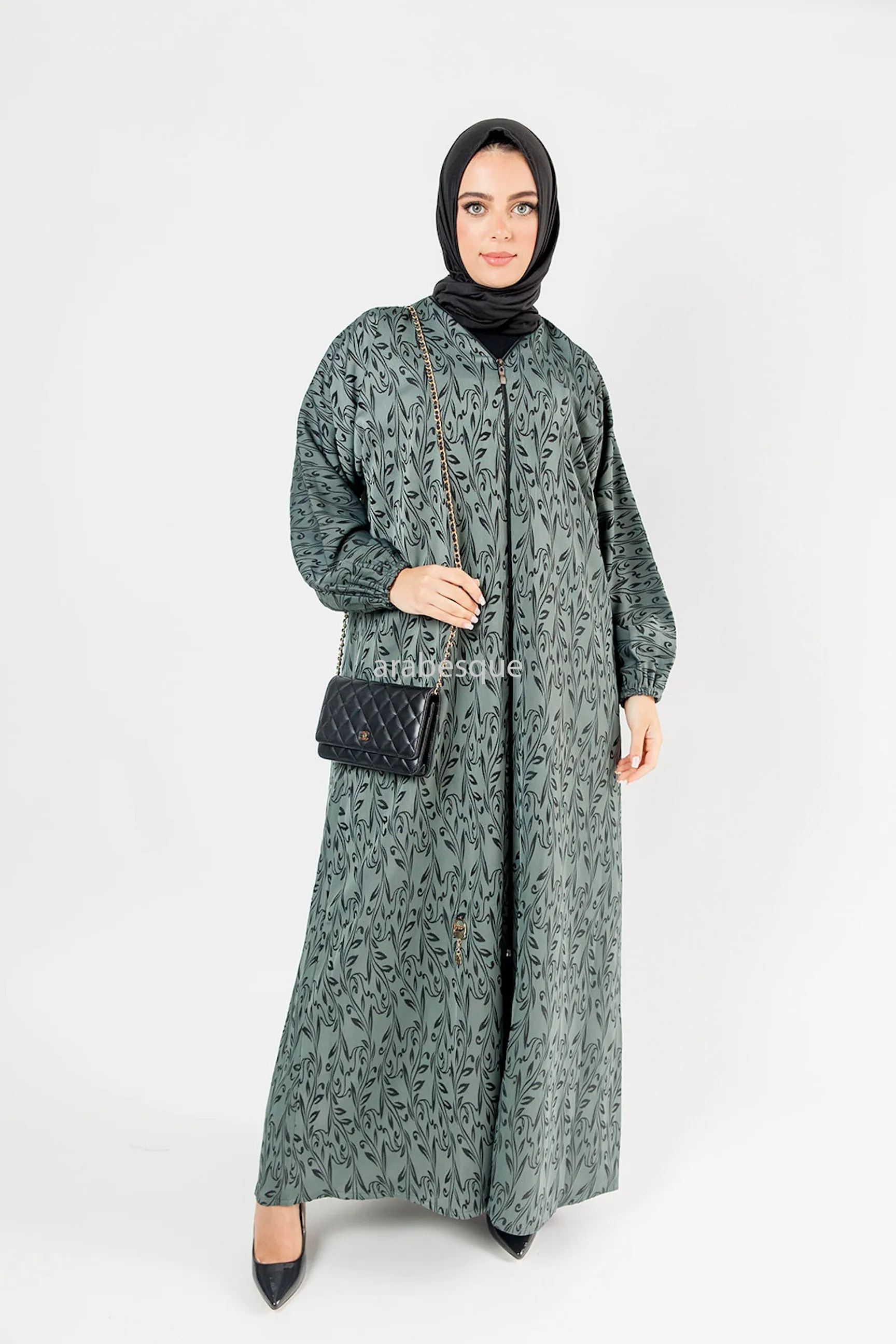 Leaf Pattern Zip-Front Abaya - 4 Colours