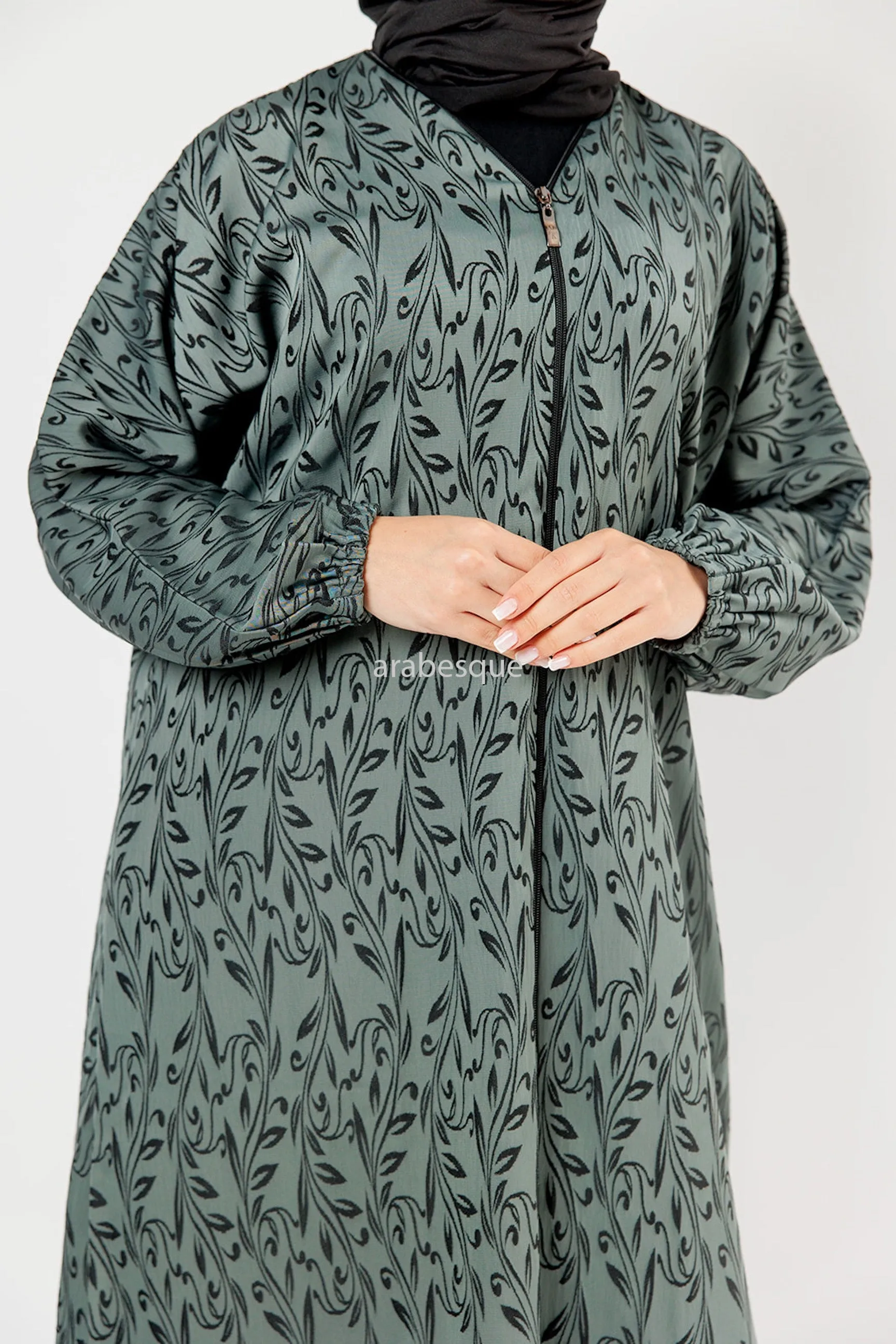 Leaf Pattern Zip-Front Abaya - 4 Colours