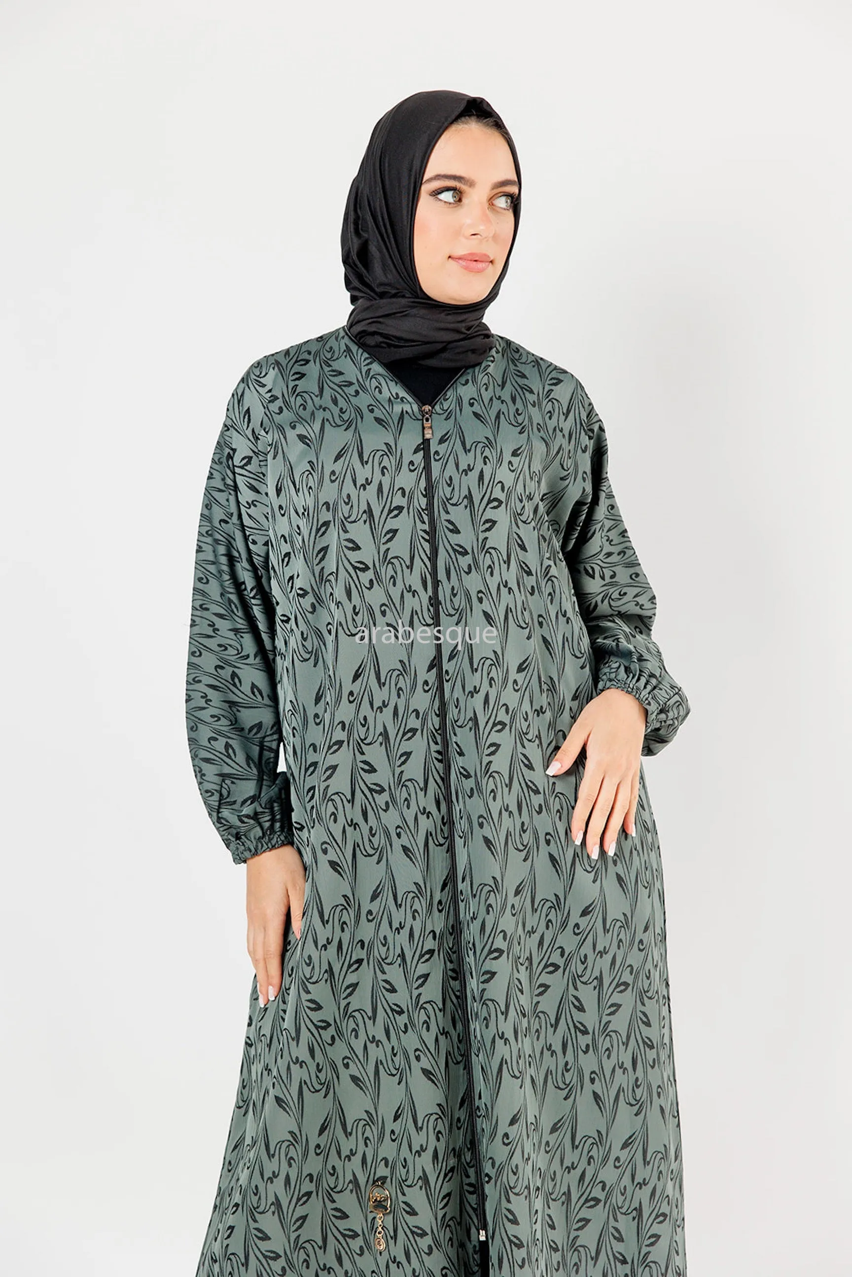 Leaf Pattern Zip-Front Abaya - 4 Colours