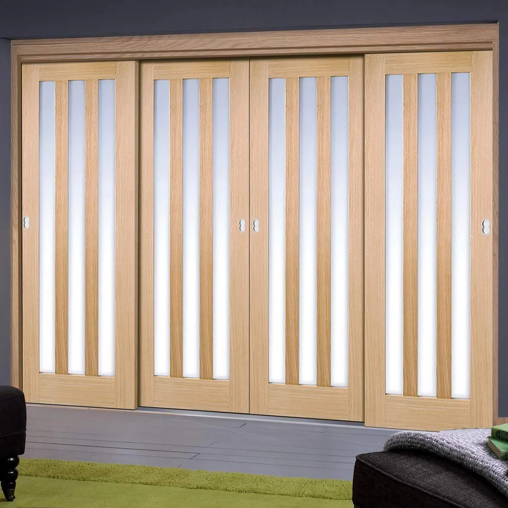 Minimalist Wardrobe Door & Frame Kit - Four Utah 3 Pane Oak Doors - Frosted Glass - Unfinished