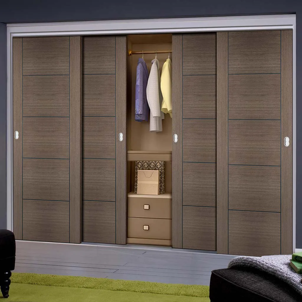Minimalist Wardrobe Door & Frame Kit - Four Vancouver Flush Chocolate Grey Doors - Prefinished