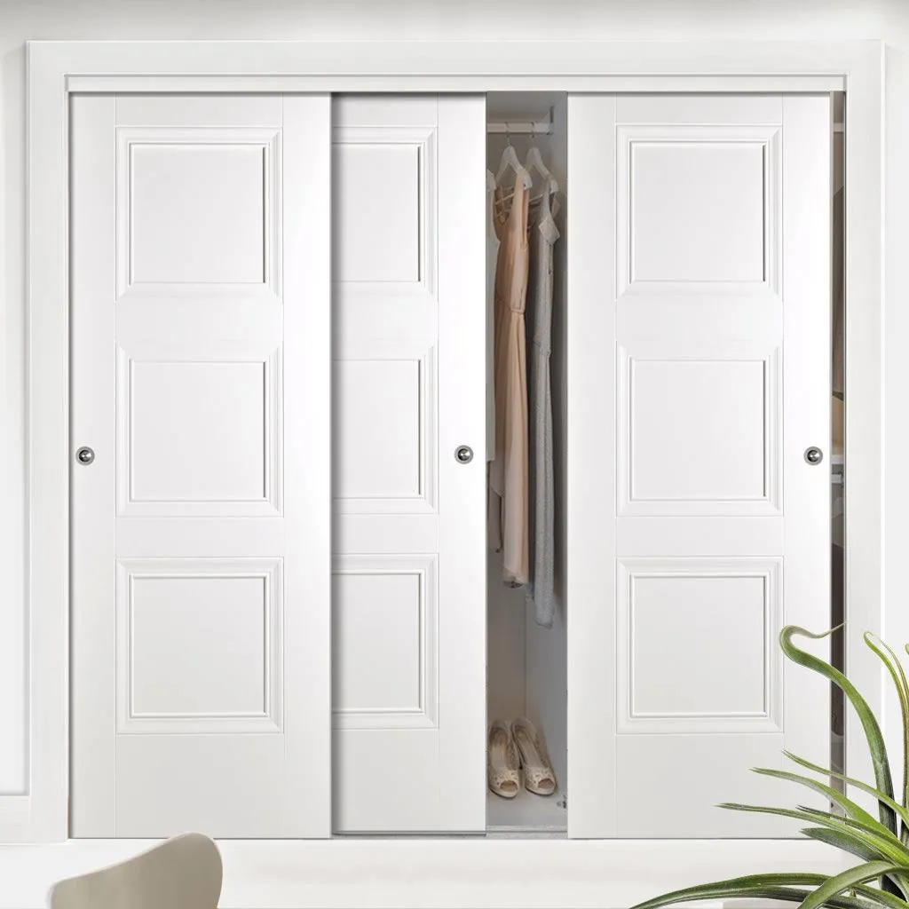 Minimalist Wardrobe Door & Frame Kit - Three Amsterdam 3 Panel Doors - White Primed