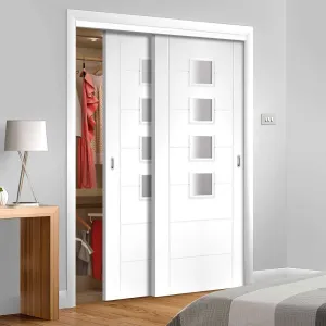 Minimalist Wardrobe Door & Frame Kit - Two Palermo Doors - Obscure Glass - White Primed