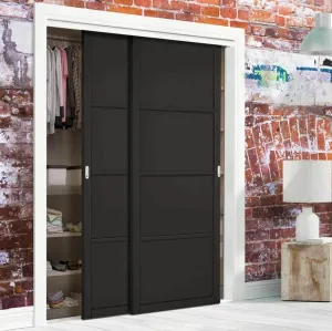 Minimalist Wardrobe Door & Frame Kit - Two Soho 4 Panel Doors - Black Painted - Prefinished