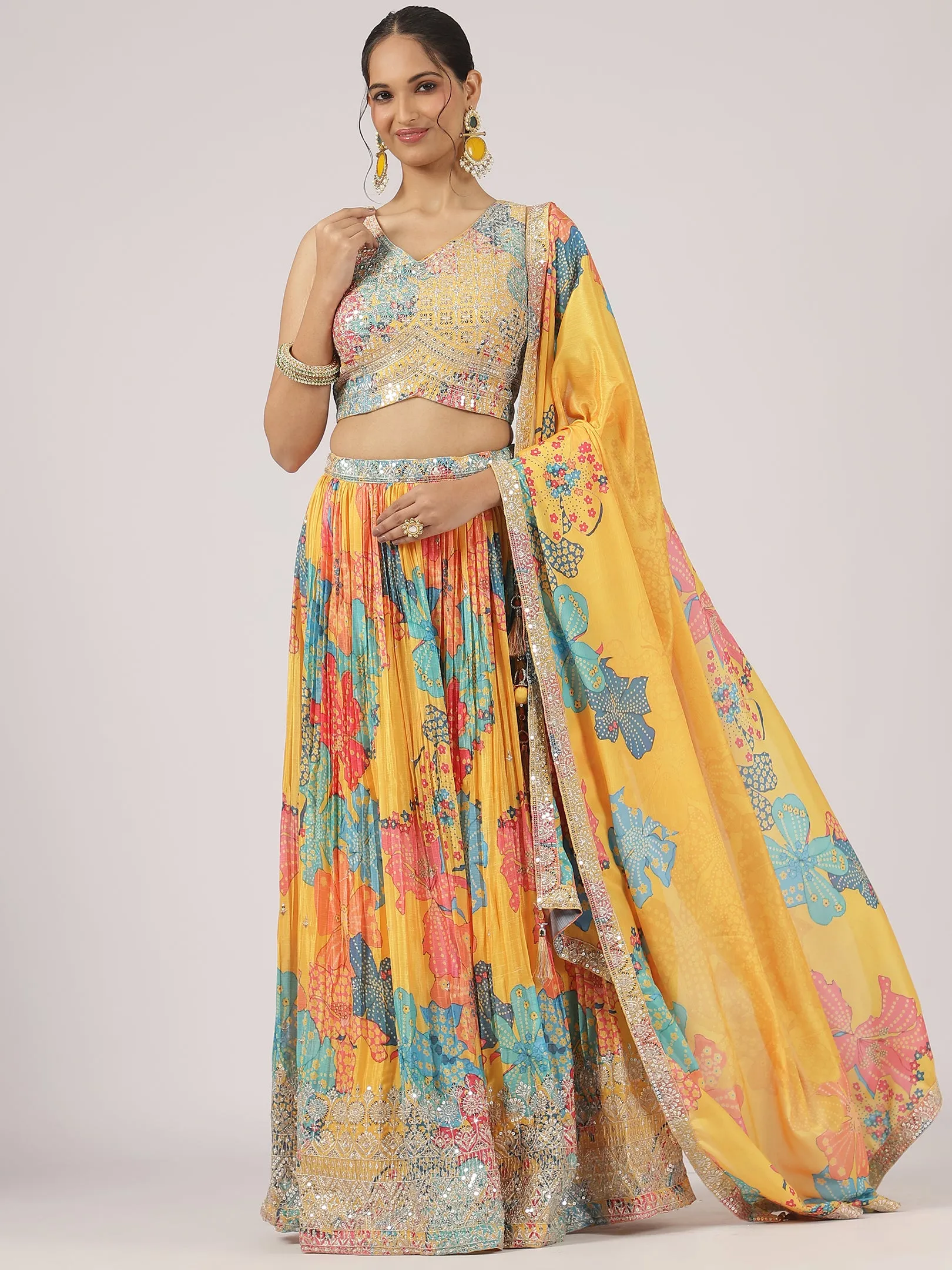 Mustard Yellow Printed Organza Lehenga with Sequin & Mirror Work Blouse