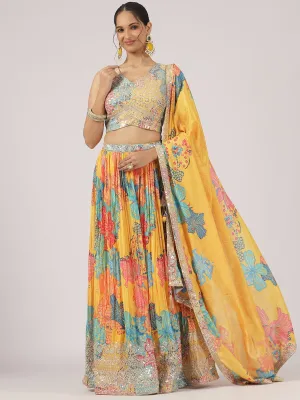 Mustard Yellow Printed Organza Lehenga with Sequin & Mirror Work Blouse