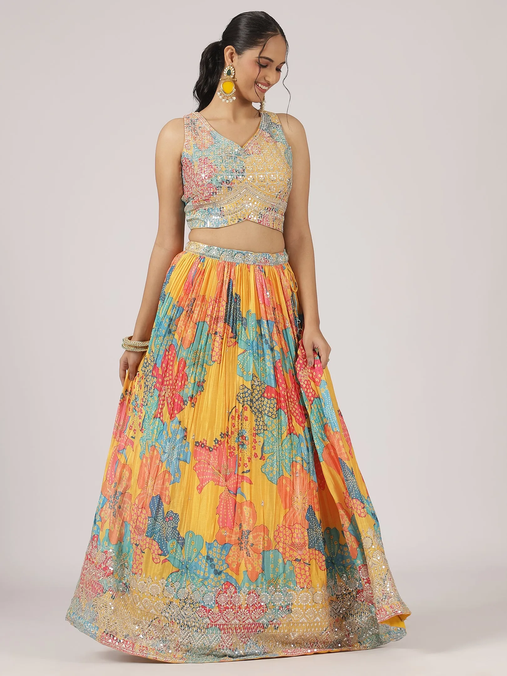 Mustard Yellow Printed Organza Lehenga with Sequin & Mirror Work Blouse
