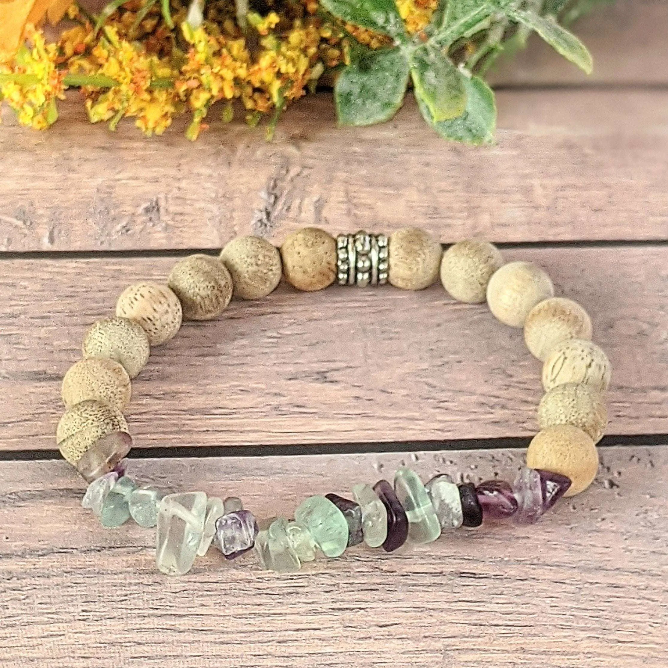 Natural Rainbow Fluorite Gemstone Chip Diffuser Bracelet-  Focus & Organize Bracelet