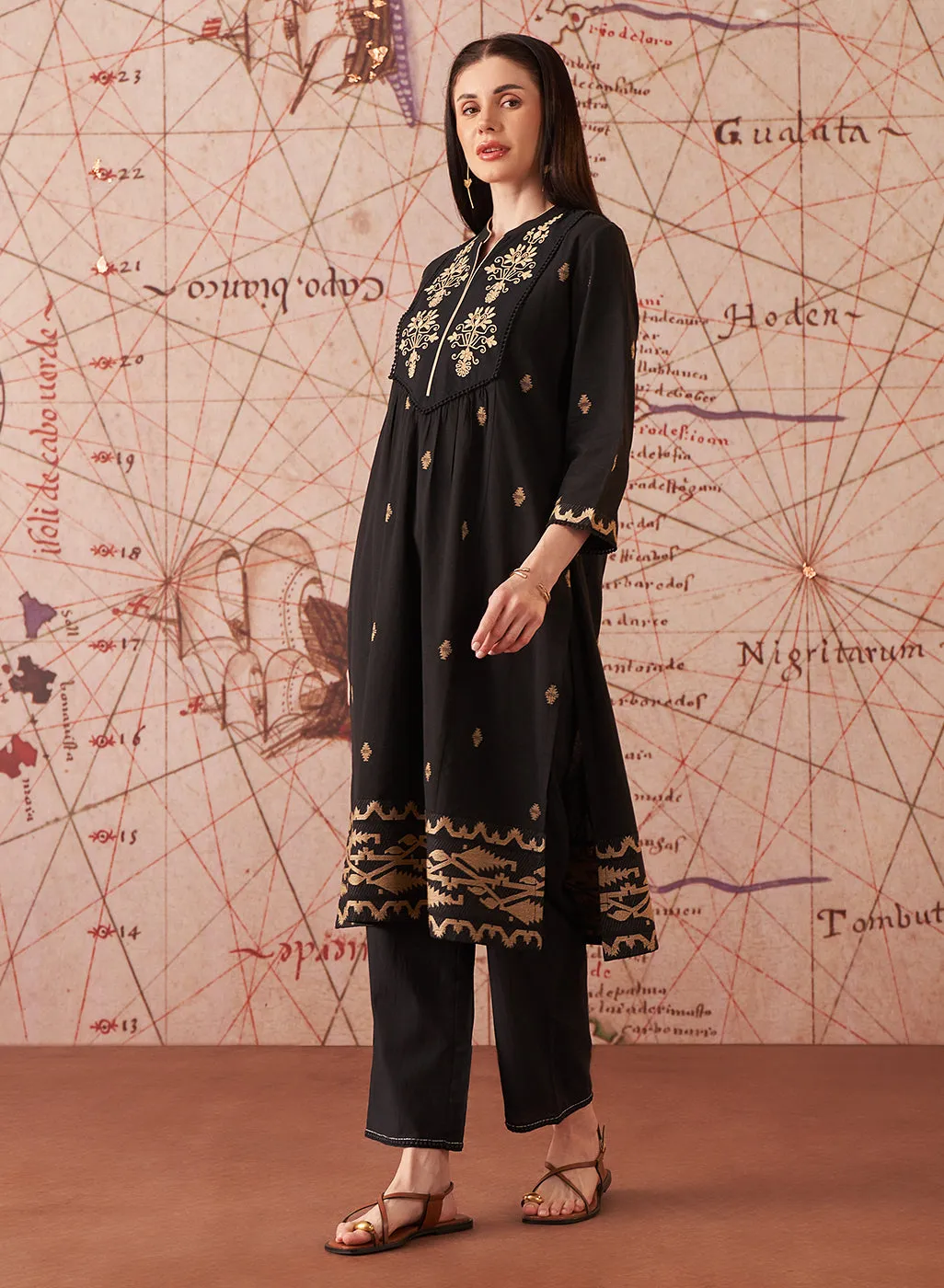 Nitara Mysterious Black Embroidered Cotton Jacquard Co-ord Set for Women