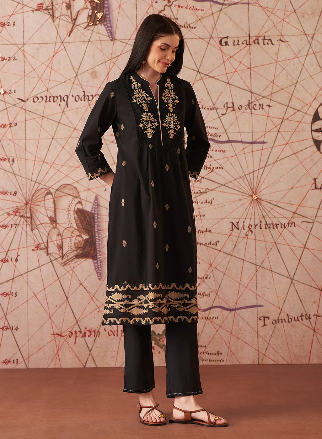 Nitara Mysterious Black Embroidered Cotton Jacquard Co-ord Set for Women