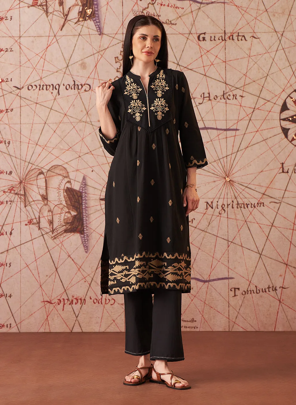 Nitara Mysterious Black Embroidered Cotton Jacquard Co-ord Set for Women