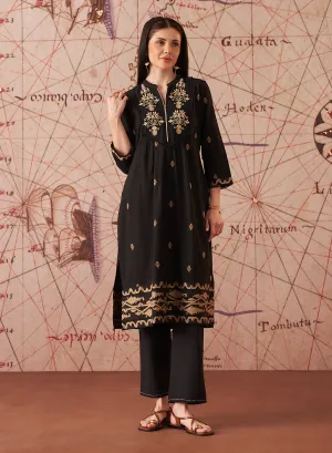 Nitara Mysterious Black Embroidered Cotton Jacquard Co-ord Set for Women