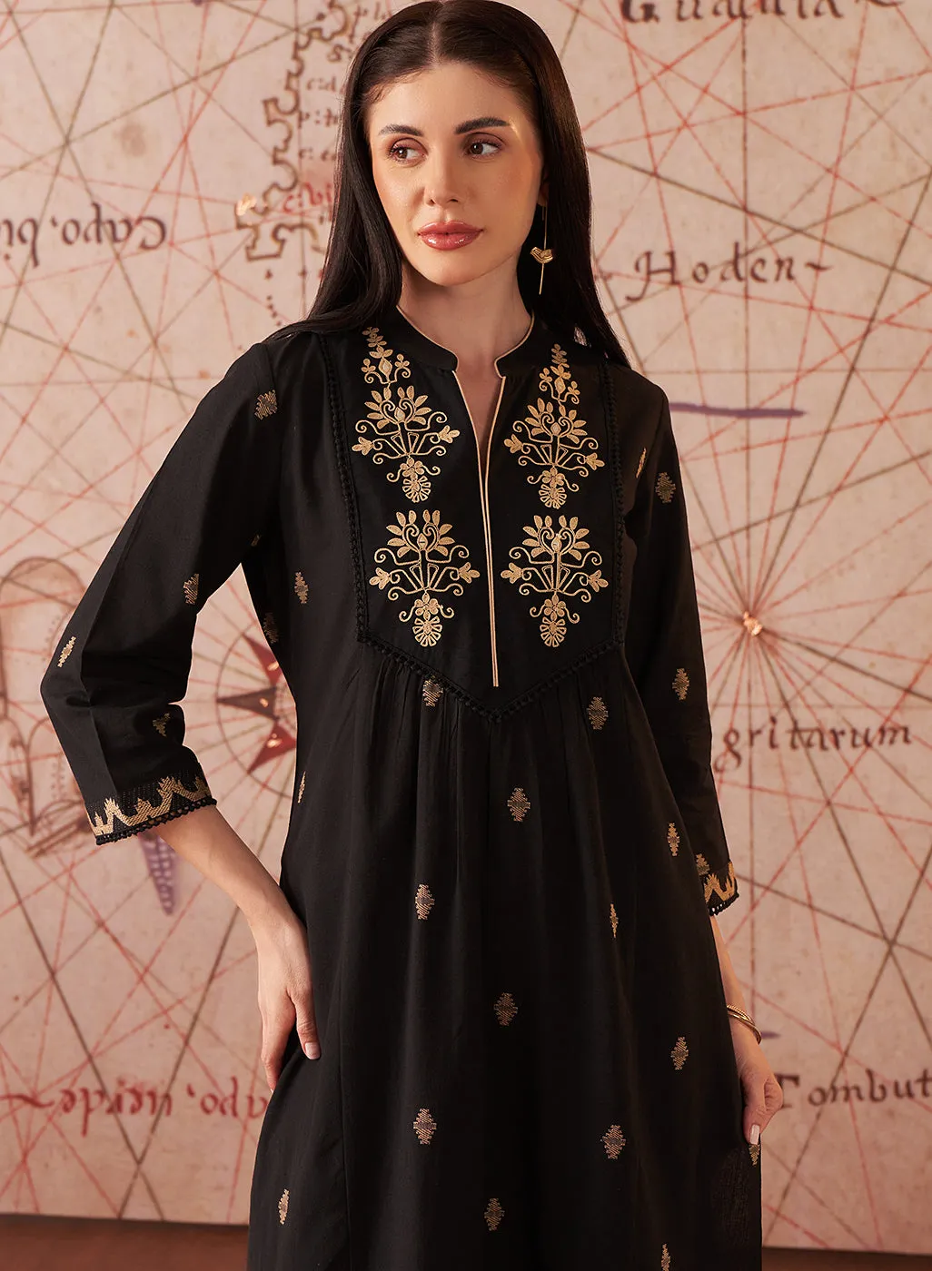 Nitara Mysterious Black Embroidered Cotton Jacquard Co-ord Set for Women